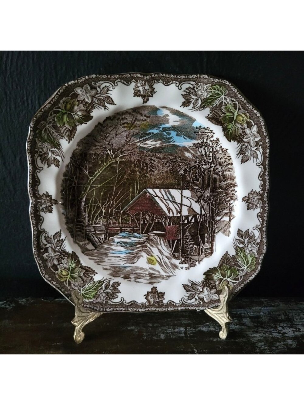 Johnson Bro Friendly Village Square Salad Plate "The Covered Bridge" Blue Stamp